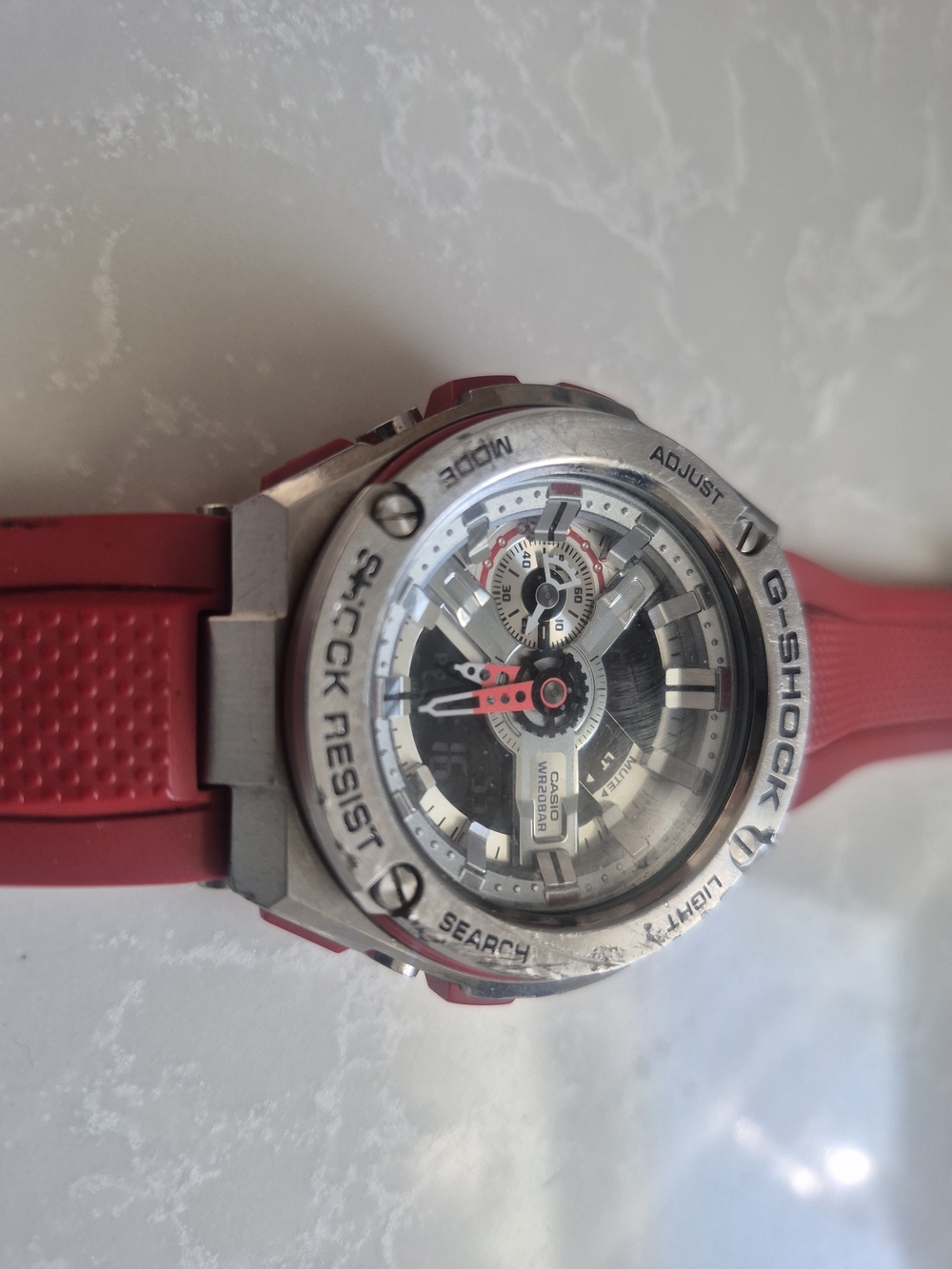 44mm G-Shock Resist Men’s Watch Red Strap Silver Case/ G410